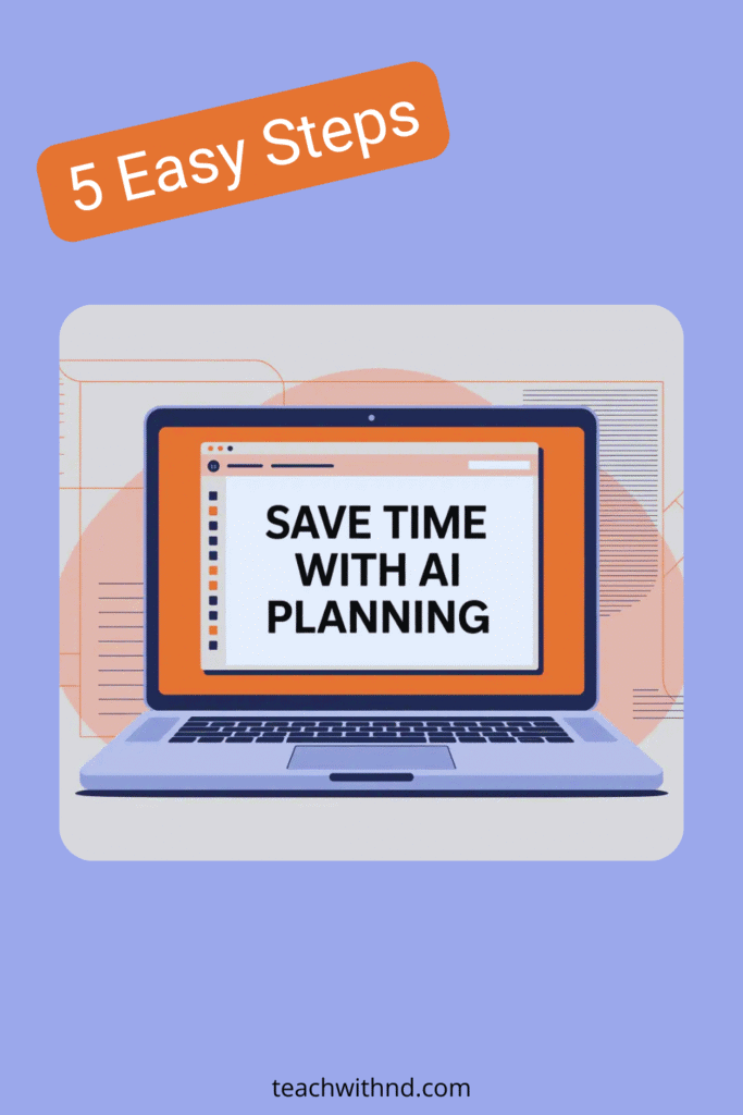 The Complete Guide to Using AI Lesson Plan Template Generators 12 purple background, laptop open with text reading save time with ai planning, above text says five easy steps, ai lesson plan template generator