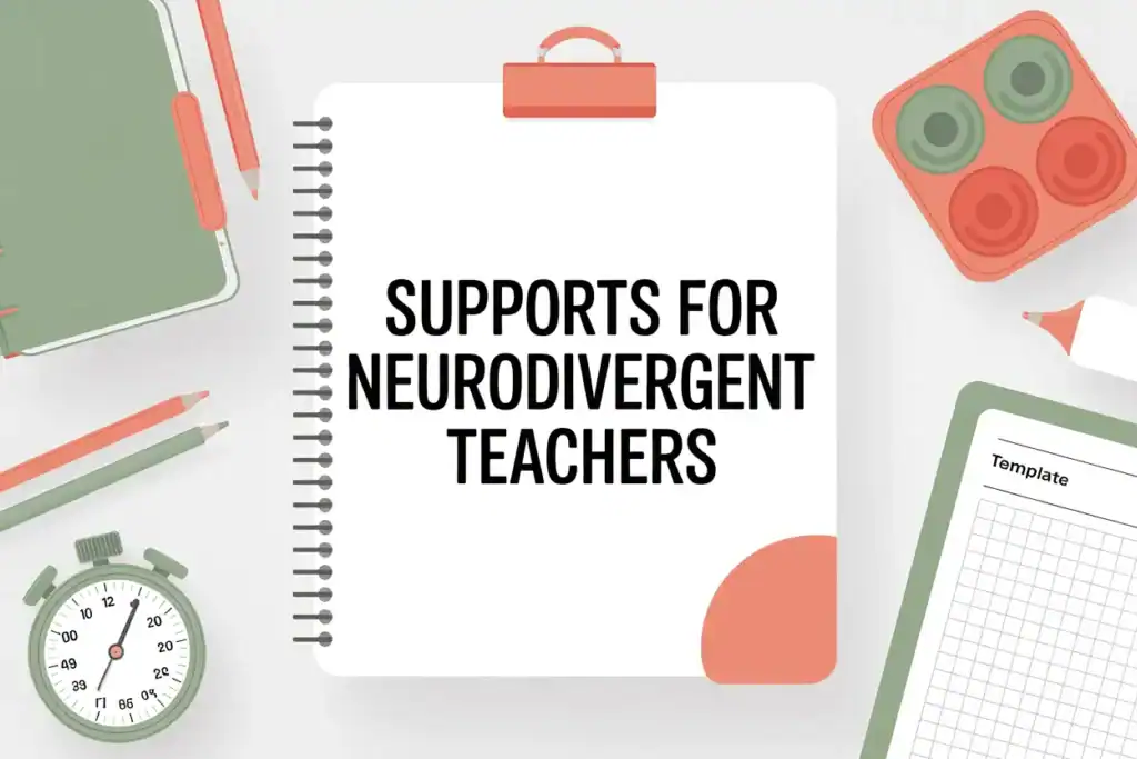 The Complete Guide to Using AI Lesson Plan Template Generators 9 notepad with text reading supports for neurodivergent teachers, stop watch, template, fidget nearby on desktop workspace
