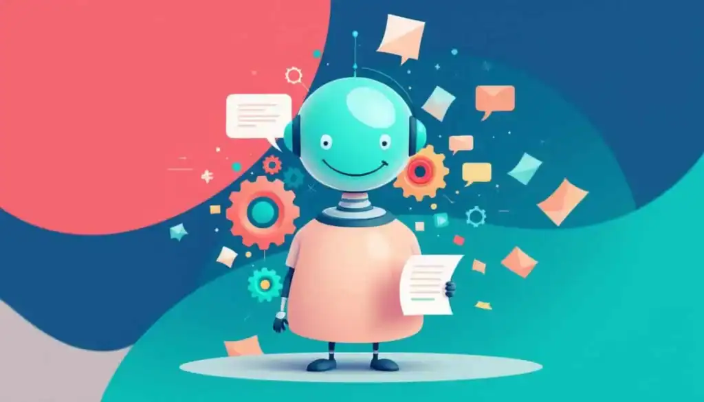 What Is an AI Lesson Plan Generator? 3 Abstract AI assistant imagery featuring gears, speech bubbles, and organized papers floating, symbolizing teacher support, in teal and coral vector style.
