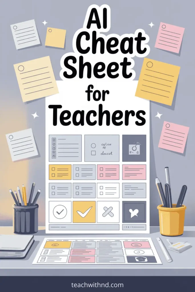 Guide to Writing AI Prompts for Lesson Planning 6 2D vector of a modern AI prompt cheat sheet for teachers, with colorful sticky notes, planner, and desk accessories in a tidy workspace, guide to writing ai prompts