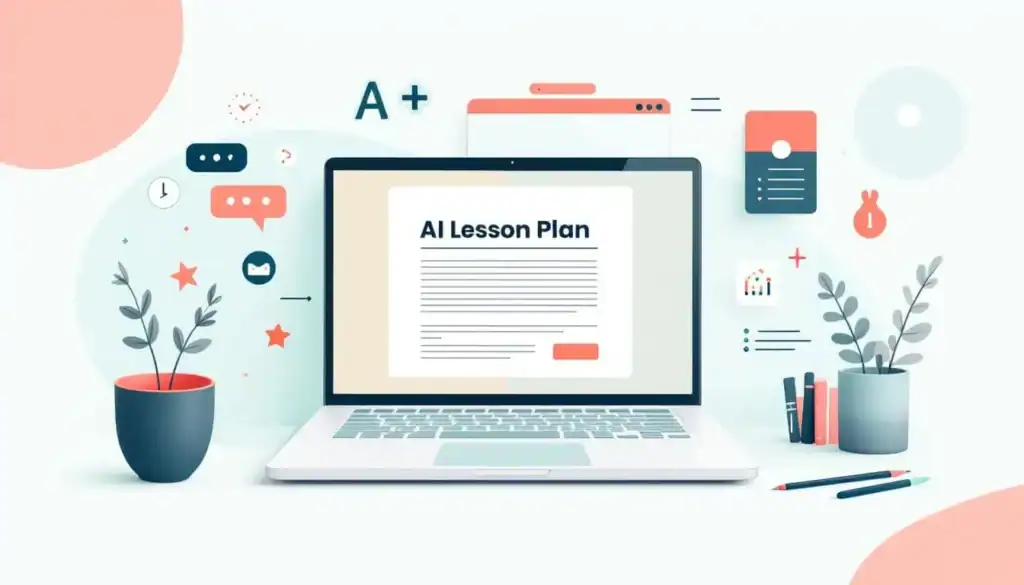 What Is an AI Lesson Plan Generator? 4 Open laptop displaying an AI lesson plan template on the screen, surrounded by colorful abstract elements in teal, coral, peach, sage, navy, and beige, AI lesson plan generator