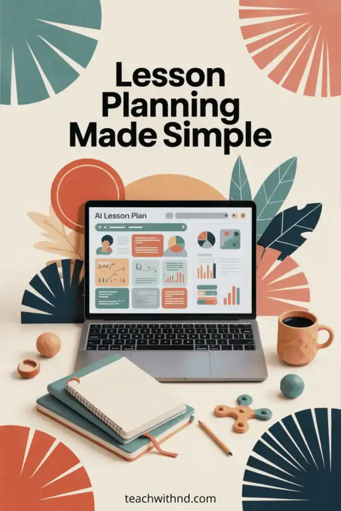 What Is an AI Lesson Plan Generator? 8 Modern vector illustration showing a laptop with an AI lesson plan on screen, surrounded by notepads, coffee mug, fidget toy, and bold graphic shapes in teal, coral, peach, sage, and navy. Big bold text at the top says “Lesson Planning Made Simple.”