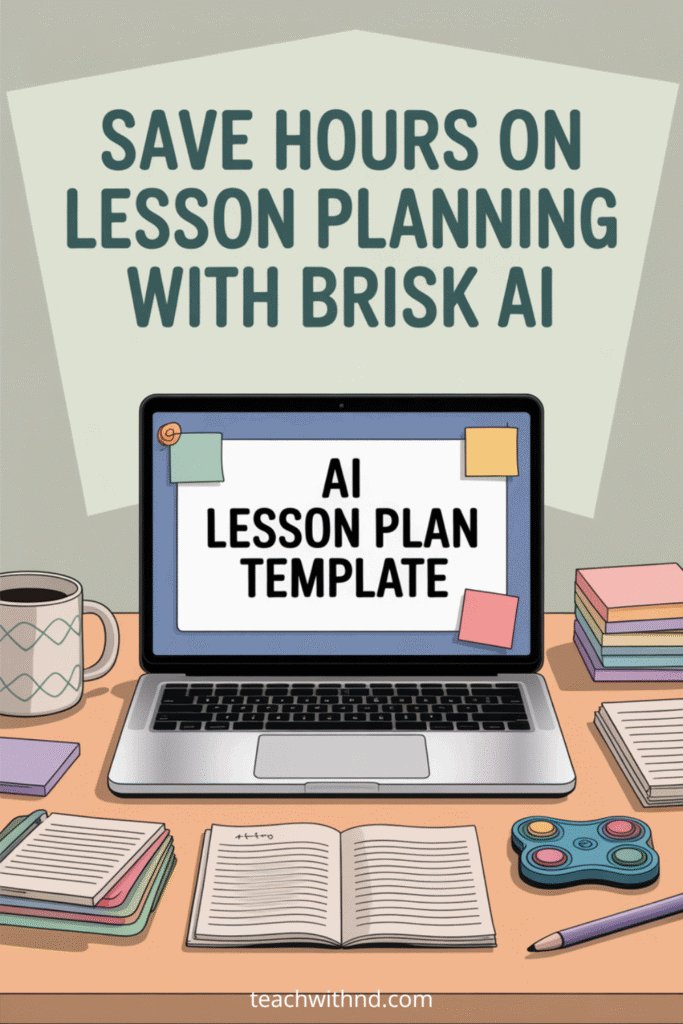 Open laptop displaying “AI Lesson Plan Template” and big text "Save Hours on Lesson Planning With Brisk AI" on a teacher’s desk with coffee mug, sticky notes, notepads, and fidget toy, in bright, modern style.