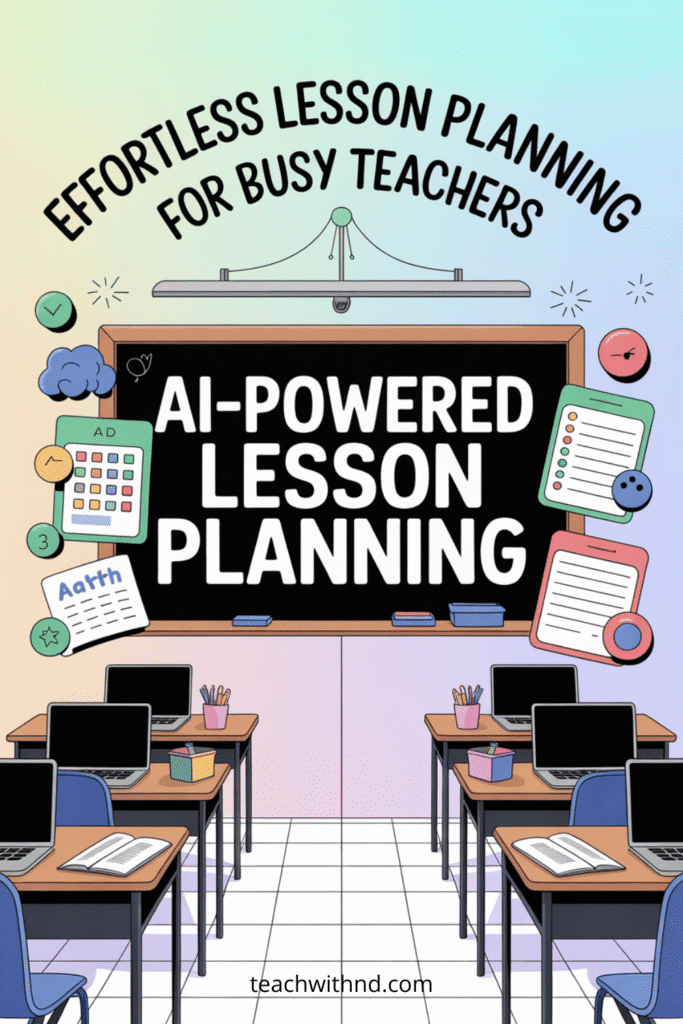 How to Use ChatGPT to Make a Week's Worth of Lessons 6 Bright classroom with rows of desks, laptops, colorful stationery, and a large digital board labeled “AI-Powered Lesson Planning.” Teal, turquoise, peach, and navy vector style, no people.