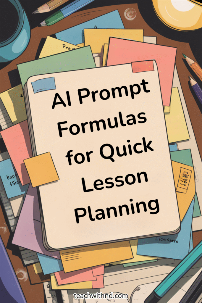 Stack of colorful lesson planning notes and supplies with the phrase "AI Prompt Formulas for Quick Lesson Planning" on top, highlighting how ai prompt formulas can simplify lesson creation.