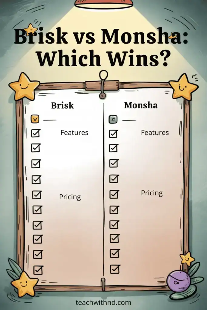 Illustrated comparison chart under a spotlight with two columns labeled Brisk and Monsha, featuring checkboxes for features and pricing, decorated with stars and plants, and the headline "Brisk vs Monsha: Which Wins?"—visualizing the side-by-side evaluation of leading AI lesson planning tools.