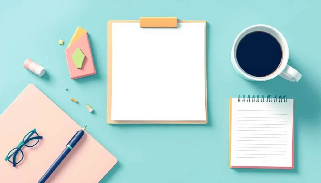 5 Smart AI Prompts for Standards-Aligned Lesson Plans 3 Blank digital page or document with blinking cursor, coffee mug and notepad beside it, symbolizing lesson plan starting point. Modern 2D vector style, neutral with teal, turquoise, peach, navy accents, no people.