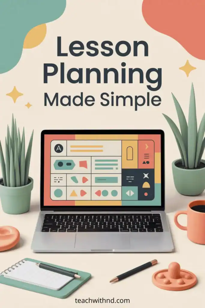 What Is an AI Lesson Plan Generator? 6 Modern vector illustration of an open laptop displaying a colorful lesson plan template, surrounded by plants, a notepad, a coffee mug, and a fidget toy. Big bold text reads “Lesson Planning Made Simple” in teal, coral, peach, sage, and navy colors. No people.