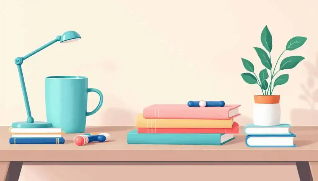What Is an AI Lesson Plan Generator? 5 Tidy teacher’s desk with a coffee mug, stack of notepads, fidget toy, and a small plant, illustrated in modern vector style with calming colors.