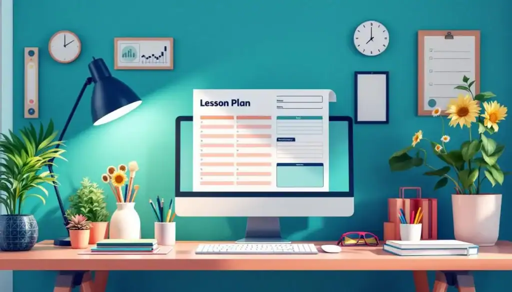 How to Use ChatGPT to Make a Week's Worth of Lessons 3 Colorful teacher’s workspace with an AI-generated lesson plan printout, scattered stationery, sticky notes, and a plant in a calming, organized environment. The color palette is teal, turquoise, peach, navy, and white, in a modern vector style without people, how to use chatgpt to make a week's worth of lessons