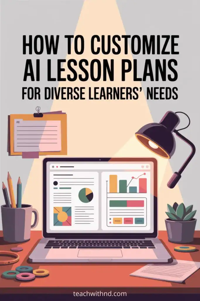 How to Customize AI Lesson Plans for Diverse Learners' Needs 5 Modern illustration of a teacher’s desk with an open laptop displaying colorful charts and graphs, surrounded by a coffee mug, pencils, clipboards, a desk lamp, plant, and fidget rings. Large bold title at the top reads “How to Customize AI Lesson Plans for Diverse Learners’ Needs.”