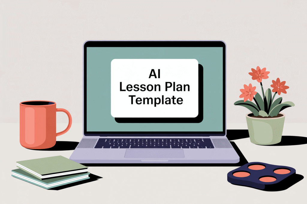 Alt text: Open laptop displaying "AI lesson plan template" on the screen, surrounded by a coffee mug, notepads, sensory fidget, and potted plant on a calm, uncluttered teacher workspace.