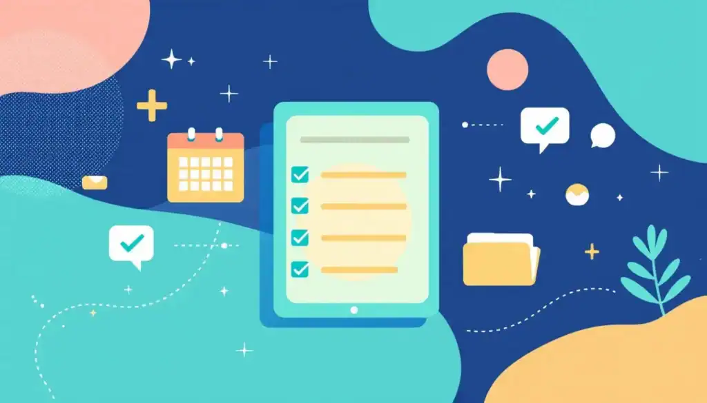 How to Use ChatGPT to Make a Week's Worth of Lessons 4 Modern vector image of a digital checklist on a tablet, surrounded by lesson planning icons such as a calendar, folders, and checkmarks. The design uses teal, turquoise, peach, navy, and white accents, with no people included.