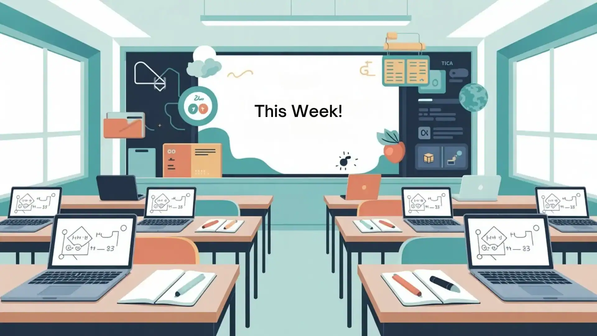 Modern, organized classroom with no people, featuring laptops on desks displaying lesson plans, open notebooks and pens, and a large digital screen at the front that reads “This Week!” in bold text. The color scheme includes teal, turquoise, peach, navy, and white accents, and subject icons decorate the walls for a creative, tech-forward lesson planning vibe, how to use chatgpt to make a week's worth of lessons
