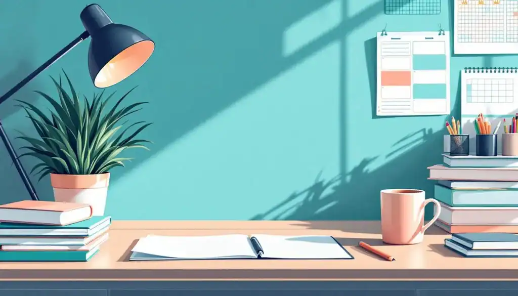 How to Use ChatGPT to Make a Week's Worth of Lessons 5 eatly organized teacher’s desk with colorful teal, turquoise, peach, and navy highlights. Features notepads, a coffee mug, plant, and lesson planning cards on a clean white surface, all in modern 2D vector style with no people.