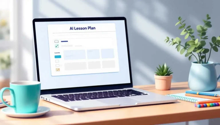 Open laptop displaying AI lesson plan template, teacher’s workspace with coffee mug, notepads, fidget, and plant, in 2D modern vector style with soft neutral colors and teal, turquoise, peach, and navy accents, no people.
