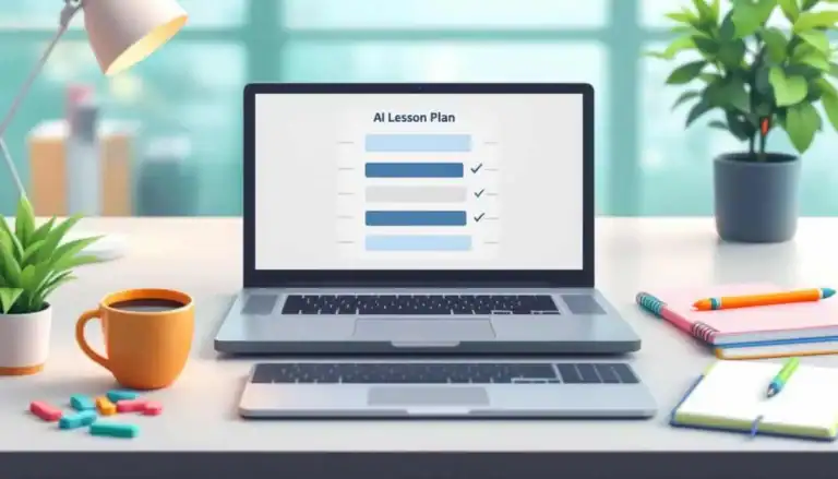 Open laptop displaying AI lesson plan template, teacher’s workspace with coffee mug, notepads, fidget, and plant, in 2D modern vector style with soft neutral colors and teal, turquoise, peach, and navy accents, no people.