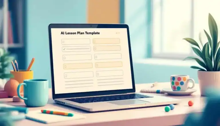Open laptop displaying AI lesson plan template, teacher’s workspace with coffee mug, notepads, fidget, and plant, in 2D modern vector style with soft neutral colors and teal, turquoise, peach, and navy accents, no people.