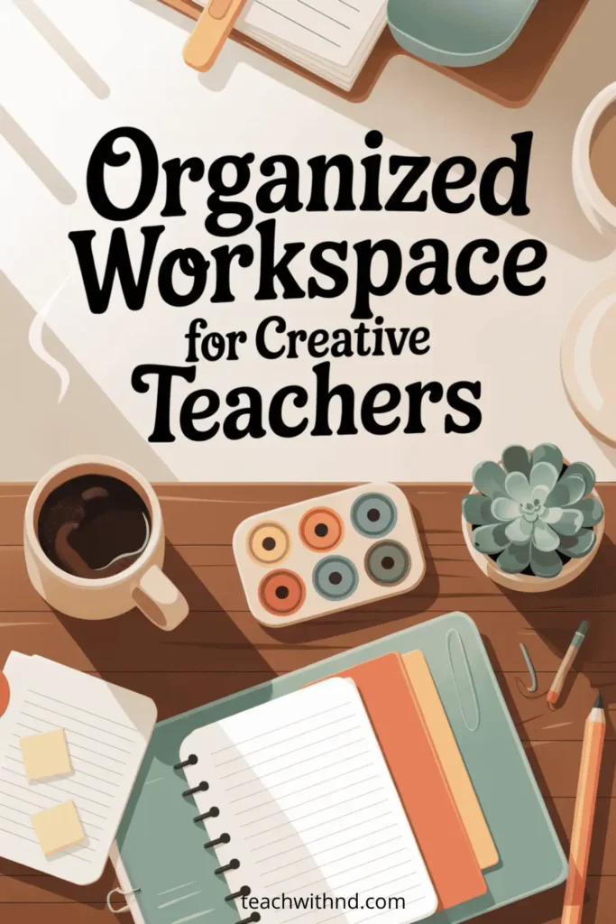 Guide to Writing AI Prompts for Lesson Planning 7 Overhead view vector of an organized teacher workspace with coffee mug, art supplies, notebook, and tech for creative lesson planning.