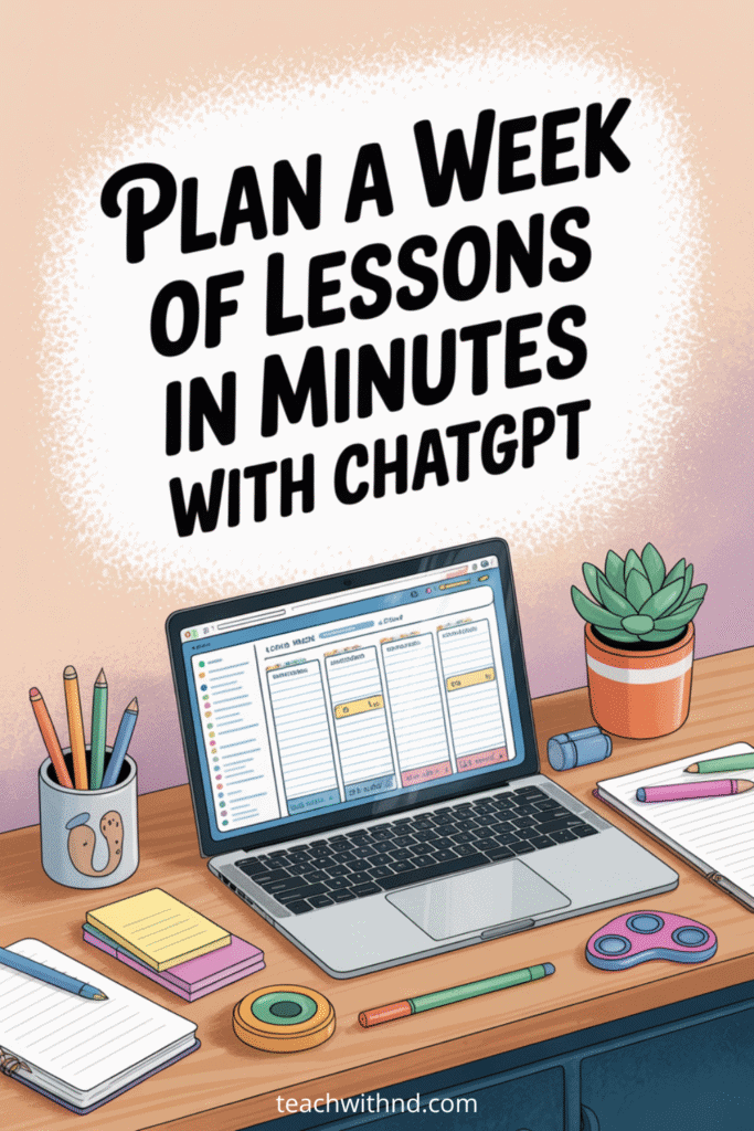 How to Use ChatGPT to Make a Week's Worth of Lessons 7 Modern workspace with an open laptop showing a lesson plan, colorful notepads, pens, coffee mug, fidget toy, and plant. Teal, turquoise, peach, and navy vector art. Text reads “Plan a Week of Lessons in Minutes with ChatGPT.”