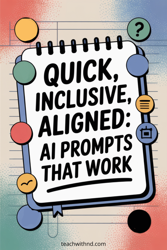 5 Smart AI Prompts for Standards-Aligned Lesson Plans 8 Notepad with colorful pins and the text "Quick, Inclusive, Aligned: AI Prompts That Work," representing effective ai prompts for standards-aligned lesson plans.