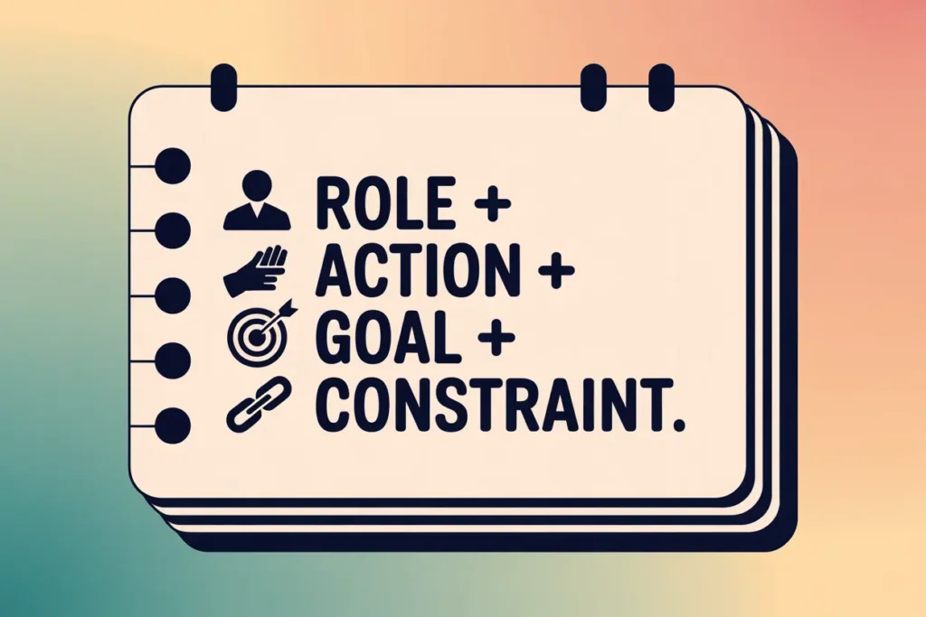 Graphic of a notepad with icons and the formula 'Role + Action + Goal + Constraint,' showing a structured approach to ai prompt formulas.