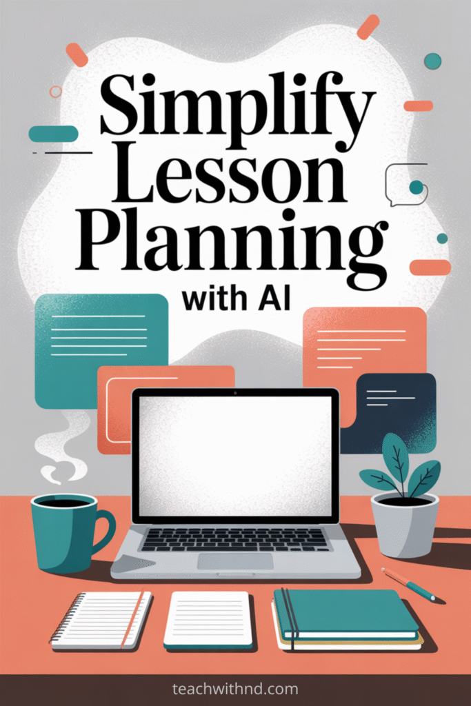 Guide to Writing AI Prompts for Lesson Planning 8 Vector illustration of a teacher’s desk setup with a laptop, plant, and colorful decor, designed for stress-free lesson planning.