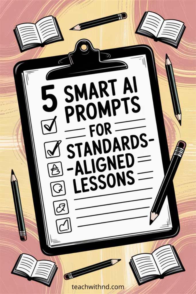 5 Smart AI Prompts for Standards-Aligned Lesson Plans 9 Clipboard with a checklist that says "5 Smart AI Prompts for Standards-Aligned Lessons," surrounded by open books and pencils, highlighting ai prompts for standards-aligned lesson plans.