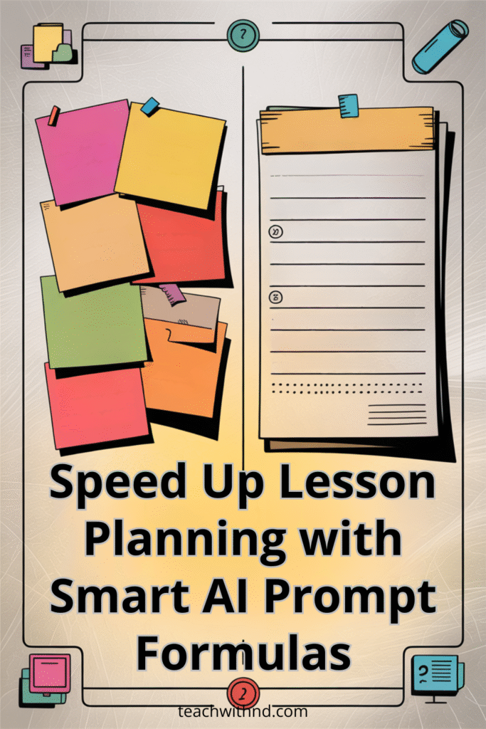 Post-it notes and a notepad with the text "Speed Up Lesson Planning with Smart AI Prompt Formulas," emphasizing efficient lesson planning using ai prompt formulas.