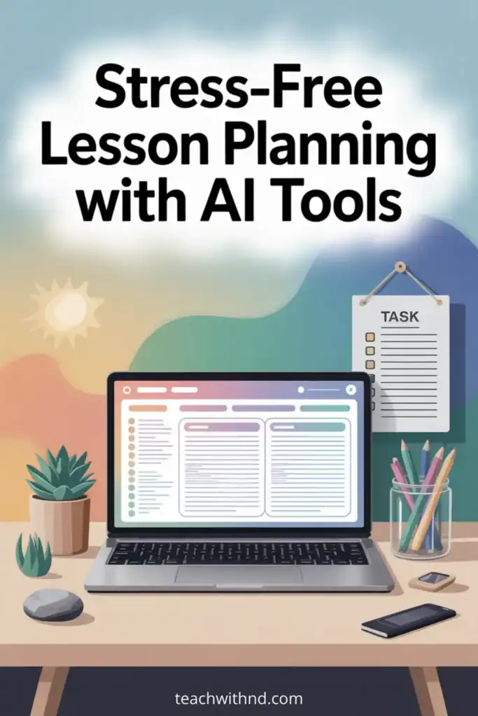 How to Customize AI Lesson Plans for Diverse Learners' Needs 7 Calm teacher workspace with computer displaying a lesson plan, sensory items, houseplants, and a task checklist, with the title "Stress-Free Lesson Planning With AI Tools" in large bold lettering.