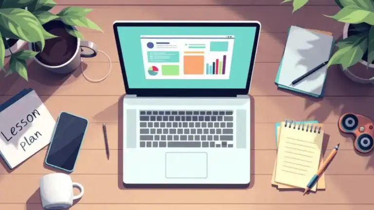Open laptop on desk with digital lesson plan, coffee mug, notepads, plant, and fidget toy, neutral and teal/turquoise/peach/navy colors