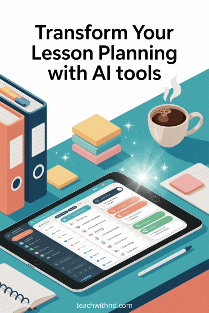 How to Use ChatGPT to Make a Week's Worth of Lessons 8 Modern desk with tablet displaying a digital lesson plan app, coffee, and organized folders in teal, turquoise, peach, and navy vector style. Text: “Transform Your Lesson Planning with AI Tools.” No people.