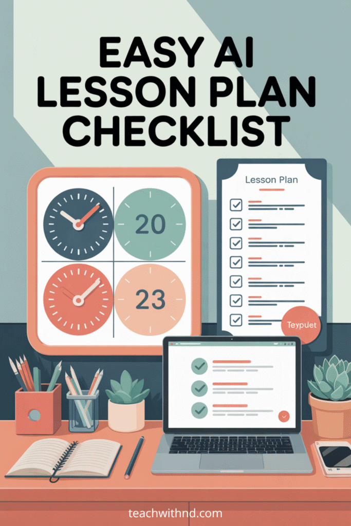 Brisk AI Chrome extension icon inside Google Doc, big text "How Brisk AI Simplifies Lesson Planning," digital planning cards, checklists, and progress bars on a laptop in clean, bright vector style.