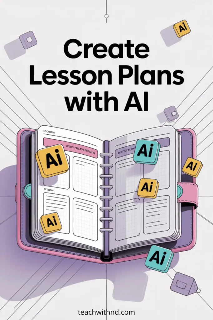 Real Talk: How to Create Lesson Plans Using AI Without Losing Your Voice as a Neurodivergent Teacher 7 Open digital planner with floating AI blocks on a pale background, big bold text “Create Lesson Plans with AI” above, clean and modern vector style.