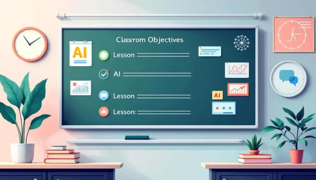 Real Talk: How to Create Lesson Plans Using AI Without Losing Your Voice as a Neurodivergent Teacher 5 Classroom board with lesson objectives and AI icons in teal and coral