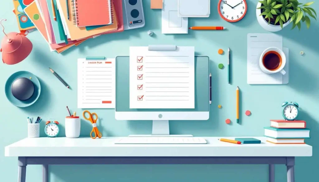 Real Talk: How to Create Lesson Plans Using AI Without Losing Your Voice as a Neurodivergent Teacher 3 Desk with lesson plans, AI icons, and school supplies in teal and coral, about how to create lesson plans using AI