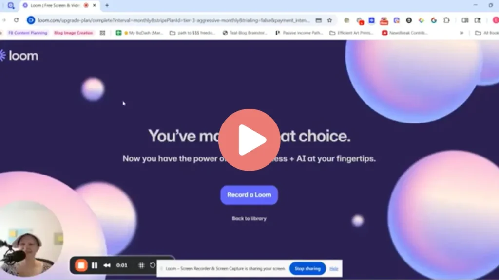 How to Install and Use the Speechify Chrome Extension for Effective Reading 2 “A screen recording of the Loom website showing a dark purple background with floating pastel bubbles. The text reads, ‘You’ve made a great choice. Now you have the power of effortless + AI at your fingertips.’ A blue button says ‘Record a Loom.’ At the bottom left, a small circular webcam view shows Eileen Guevara speaking into a microphone, and a playback bar is visible with a large coral play button over the center of the screen.”