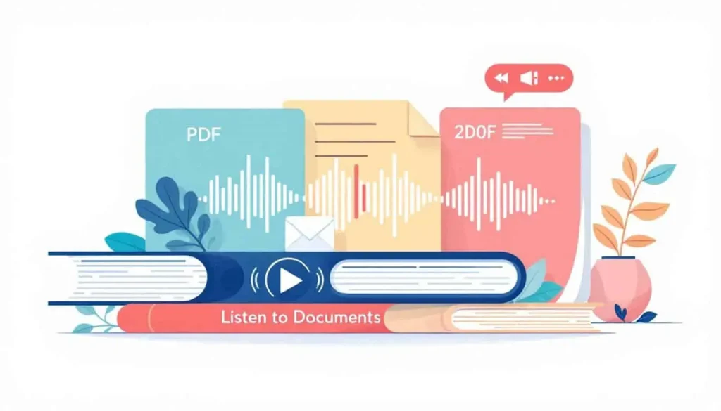 What Can Speechify Do? A Teacher’s Quick Guide to Turning Reading into Listening 4 Showing what can Speechify do in a vector illustration of documents turning into audio waveforms with a play button.