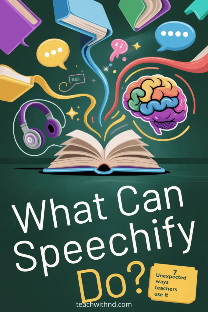 What Can Speechify Do? A Teacher’s Quick Guide to Turning Reading into Listening 12 Colorful Pinterest graphic with an open book at the center, illustrated icons of headphones, chat bubbles, and a rainbow-colored brain emerging from the pages. Bold text reads: What Can Speechify Do? with a sticky note saying 7 unexpected ways teachers use it.