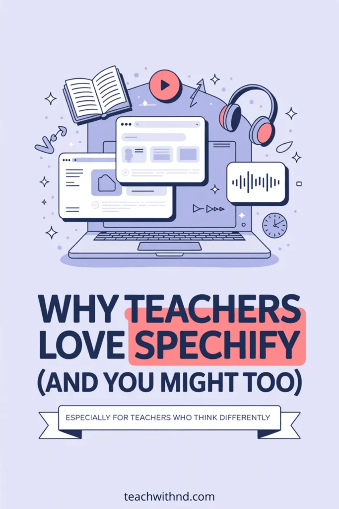 What Can Speechify Do? A Teacher’s Quick Guide to Turning Reading into Listening 11 Illustrated Pinterest graphic of a laptop with floating browser windows, headphones, a clock, and soundwave icons. Bold text reads: Why Teachers Love Speechify (And You Might Too). A ribbon says: Especially for teachers who think differently. Designed for educators using text-to-speech tools."