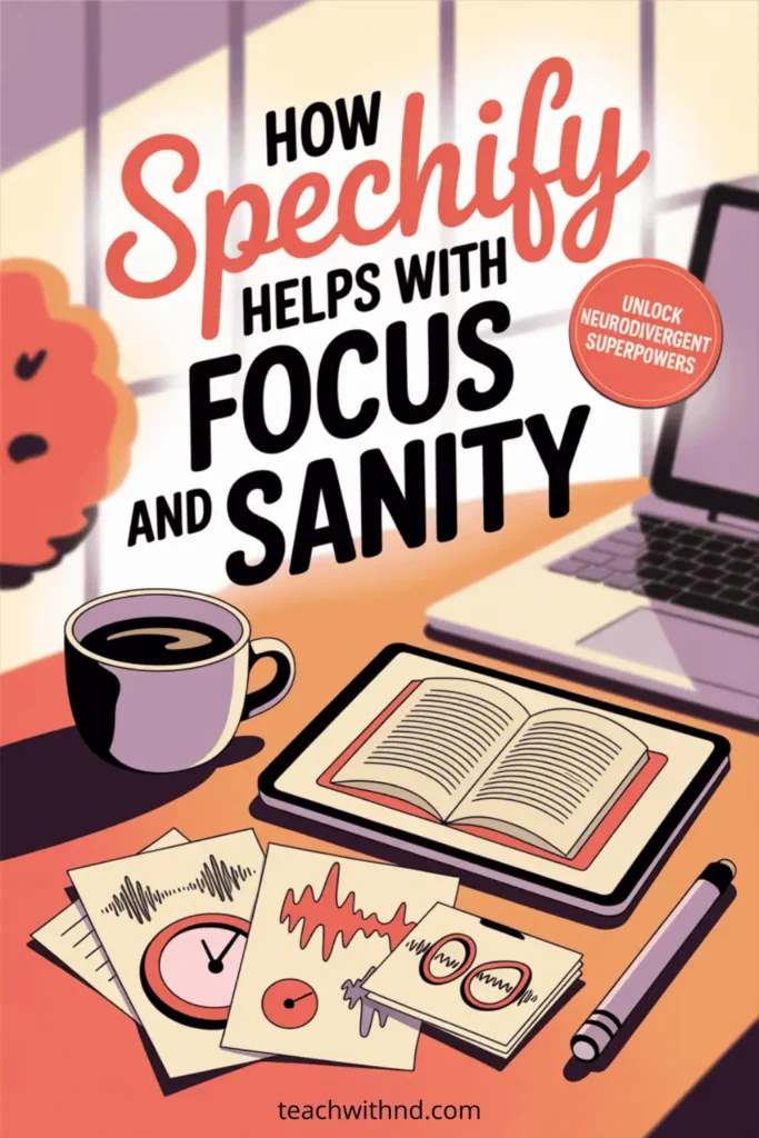 What Can Speechify Do? A Teacher’s Quick Guide to Turning Reading into Listening 10 Illustrated Pinterest graphic showing a coffee cup, open book, sound wave cards, and a laptop on a desk with bold text that reads: How Speechify Helps with Focus and Sanity. A badge says Unlock Neurodivergent Superpowers. Designed for teachers using text-to-speech tools