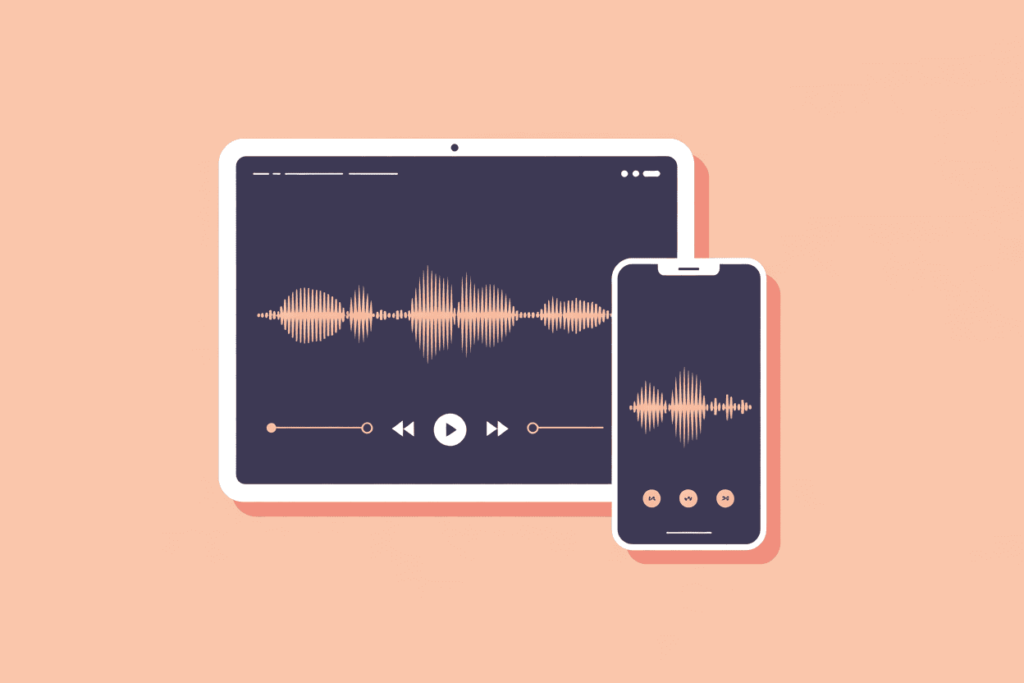 How to Install and Use the Speechify Chrome Extension for Effective Reading 5 tablet and mobile device in navy blue with peach audio waves and peach background