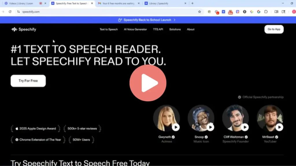 What Can Speechify Do? A Teacher’s Quick Guide to Turning Reading into Listening 2 “Screenshot of the Speechify website homepage showing the headline ‘#1 Text to Speech Reader. Let Speechify Read to You,’ with a Try for Free button and featured supporters including Gwyneth Paltrow, Snoop Dogg, Cliff Weitzman, and MrBeast. A large coral play button overlays the center, indicating a video recording.”