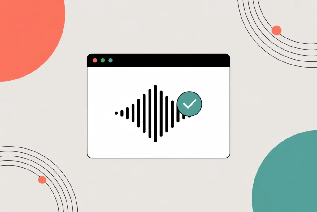 Alt Text:
Minimalist vector illustration of a browser window with a large black sound wave icon in the center and a teal checkmark overlaid on top, indicating successful reinstallation or activation. Light beige background with abstract teal and coral accent shapes and curved line details.