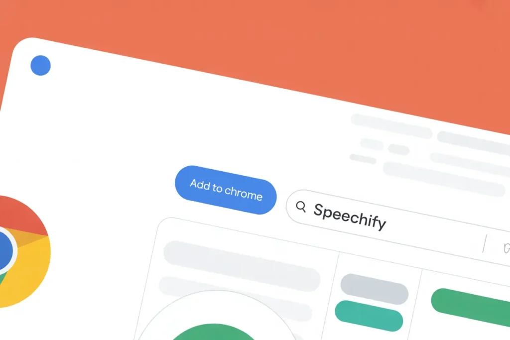 Close-up vector-style illustration of the Chrome Web Store interface, showing the search term “Speechify” and a blue “Add to Chrome” button. Minimal white background with an abstract coral section and partial Chrome logo in the corner. Represents reinstalling the Speechify extension.