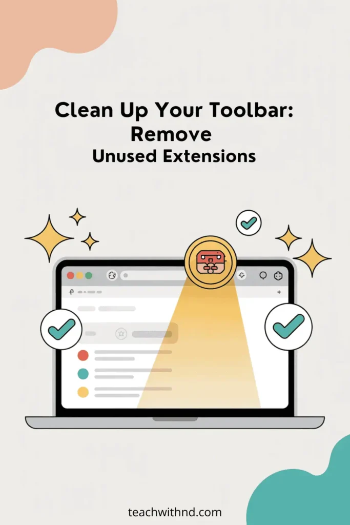Vector image of a laptop screen with a highlighted extension icon and large green checkmarks. Overlay title reads “Clean Up Your Toolbar: Remove Unused Extensions.” Minimal background with colorful soft shapes and sparkle effects indicating success.