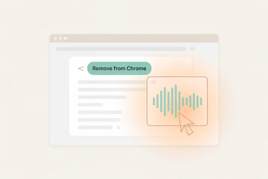 How to remove Speechify Chrome extension. Soft vector illustration of a web browser window with a green “Remove from Chrome” button highlighted. A teal sound wave icon is selected by a cursor. Neutral background with warm coral and peach glow effects.