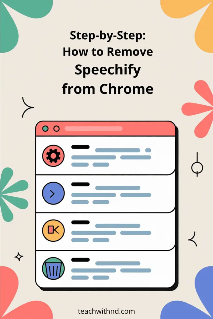 Vector-style illustration of a browser window showing a vertical list of extensions with icons and text blocks. Overlay title reads “Step-by-Step: How to Remove Speechify from Chrome.” Neutral background with colorful abstract shapes in teal, coral, and yellow.