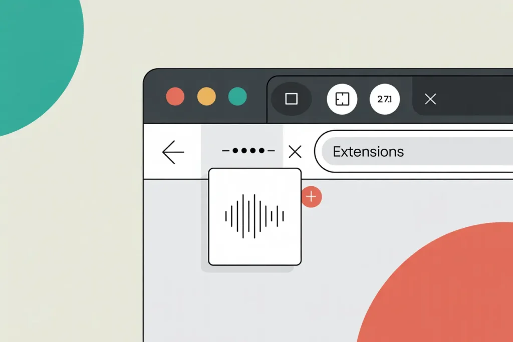 Vector illustration of a Chrome browser tab open to the Extensions page. A sound wave icon representing a text-to-speech extension is shown near the puzzle piece area, with a red plus button nearby. Neutral background with accent shapes in teal and coral.