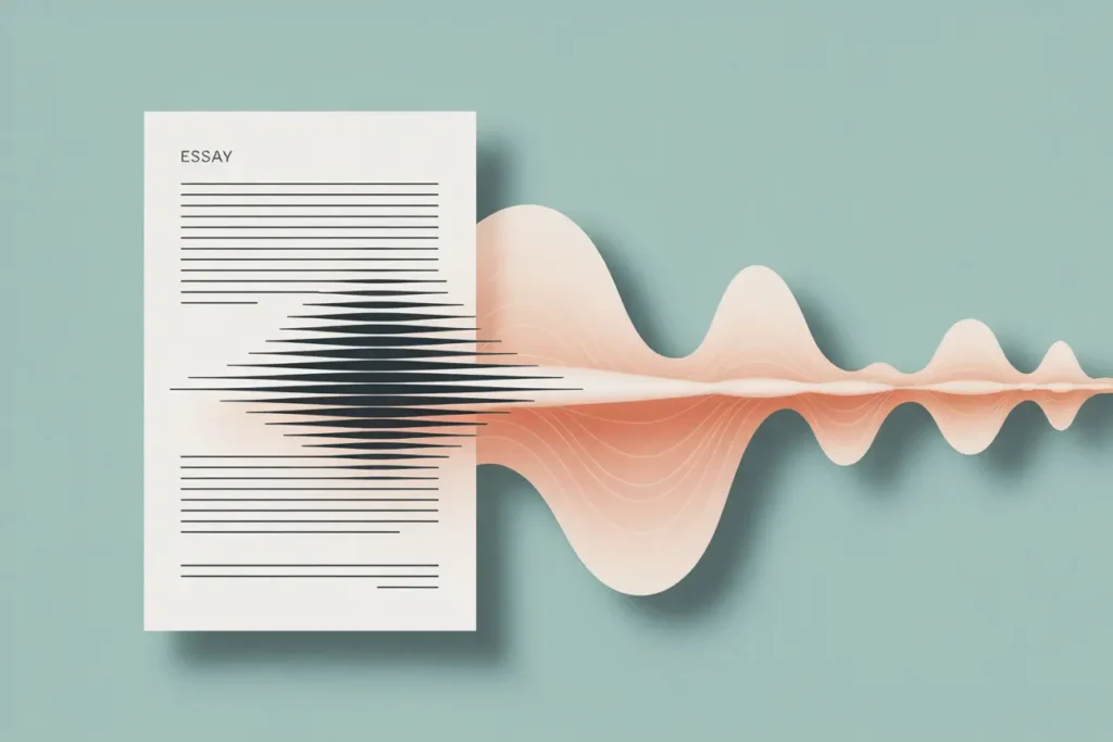 “A minimalist vector illustration of a typed essay page on a teal background, with a stylized coral-peach audio wave emerging from the right side of the paper. The wave has smooth, layered curves that represent text being converted into speech. The overall style is clean, modern, and abstract.”